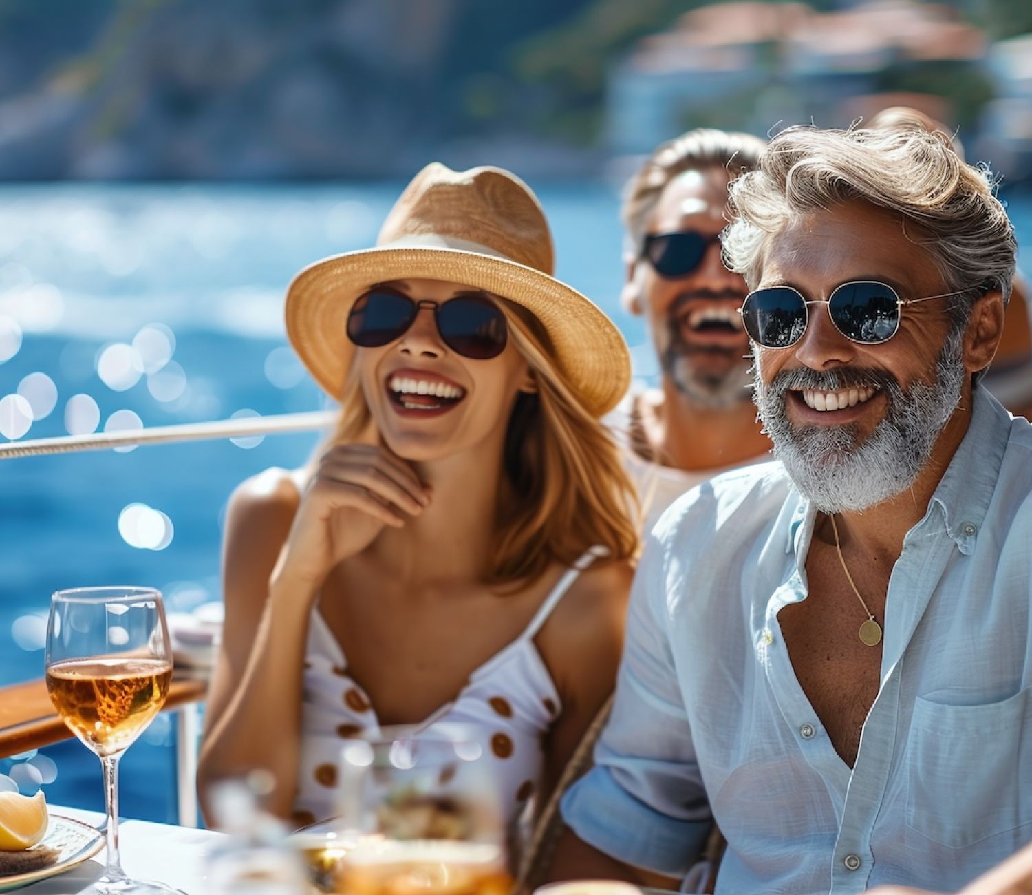 Smiling friends enjoying a sunny day on a yacht with food and drinks, ocean and scenery in the background.